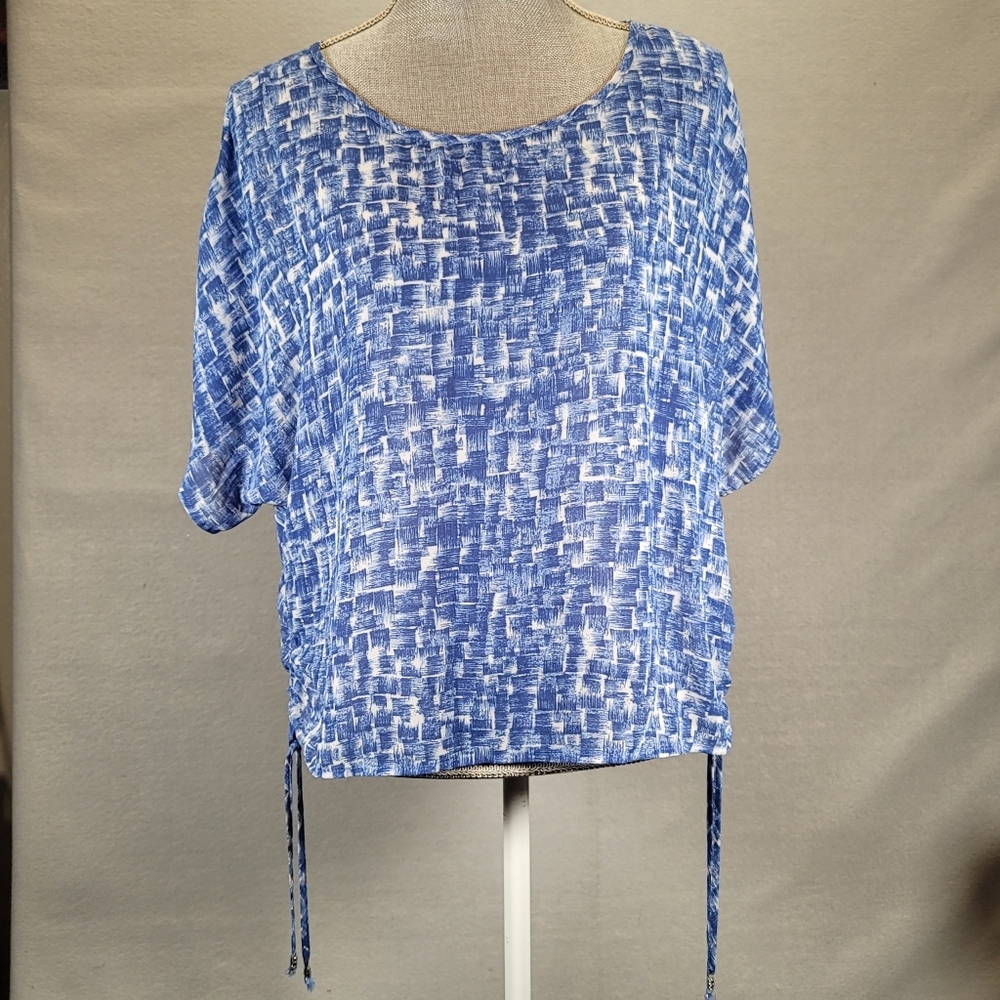 Rafaella  Blue Patterned  Short Sleeve  Petite Large Blouse